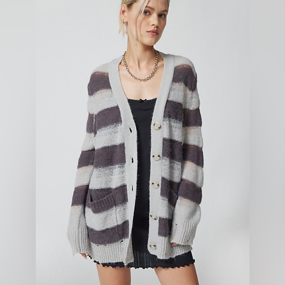 NWT URBAN OUTFITTERS Alston Stripe Cardigan In Dark Grey S